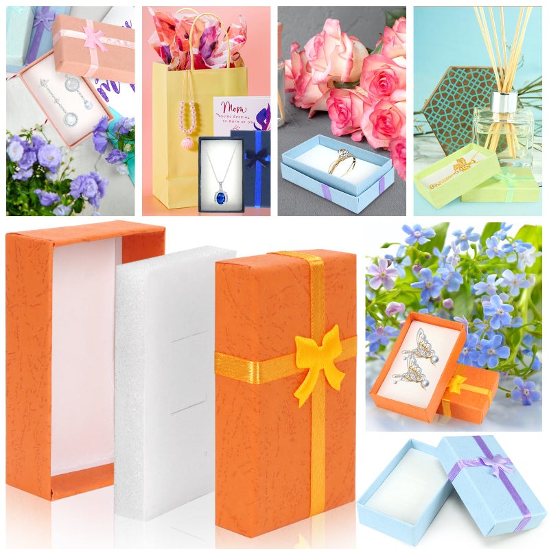 PRALB 18PCS Assorted Jewelry Gifts Boxes, Cardboard Ring Boxes With Padding Gifts Paper Boxes Jewelry Storage Cube Satin Ribbons Bowknot (9 Colors, 3.15" x 1.97" x 0.98") - Image 3